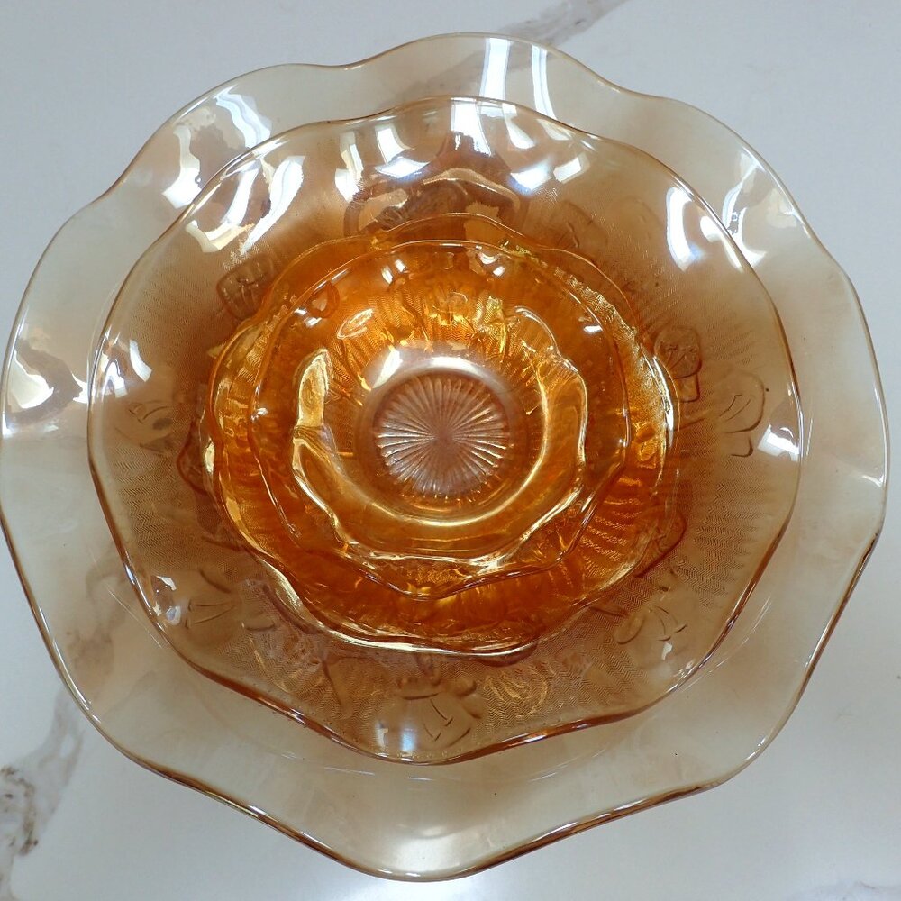 VTG Jeanette Flora Gold/Marigold Fluted Carnival Glass Bowls (Set of 3 - S,M,L)